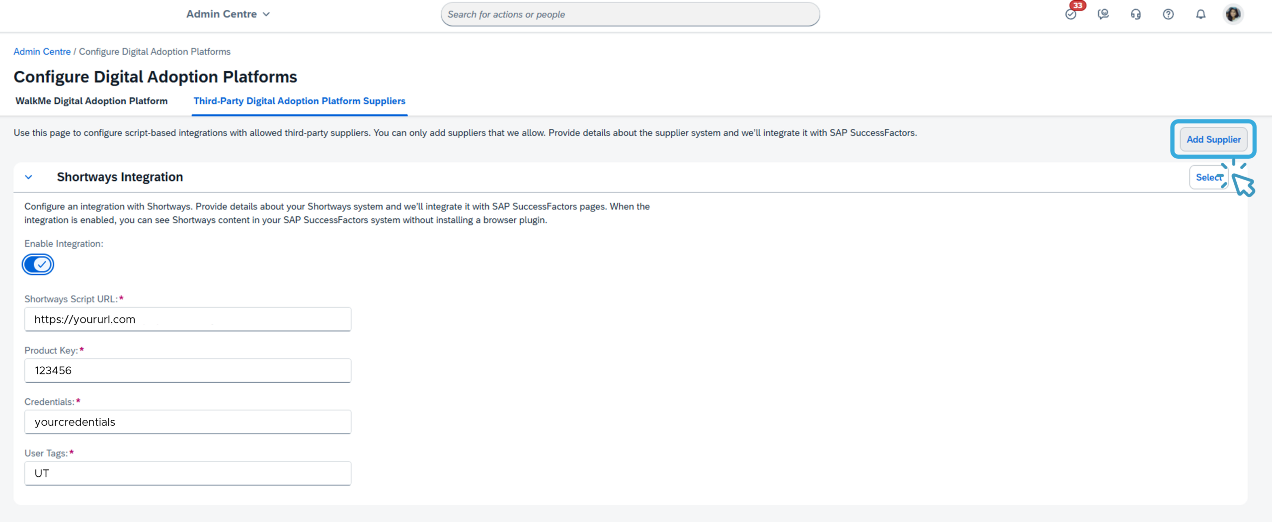 Shortways integration SAP SuccessFactors Admin Centre step 2