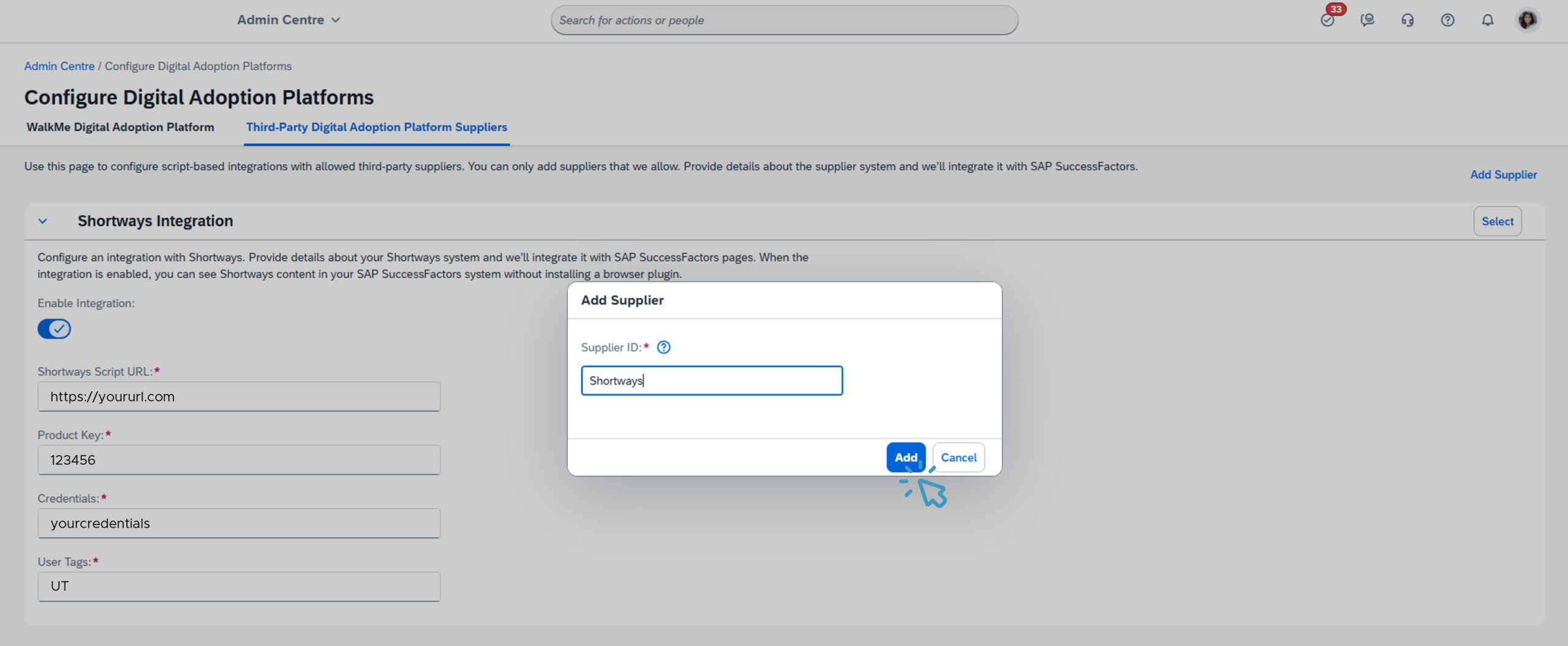 Shortways integration SAP SuccessFactors Admin Centre step 3